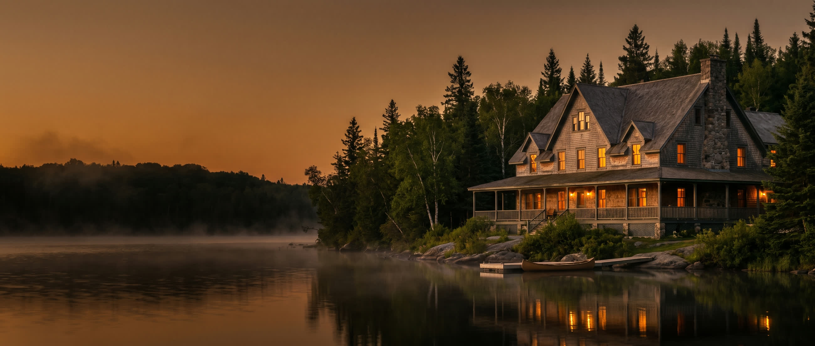 Une auberge au bord d'un lac au Québec, à la tombée du jour