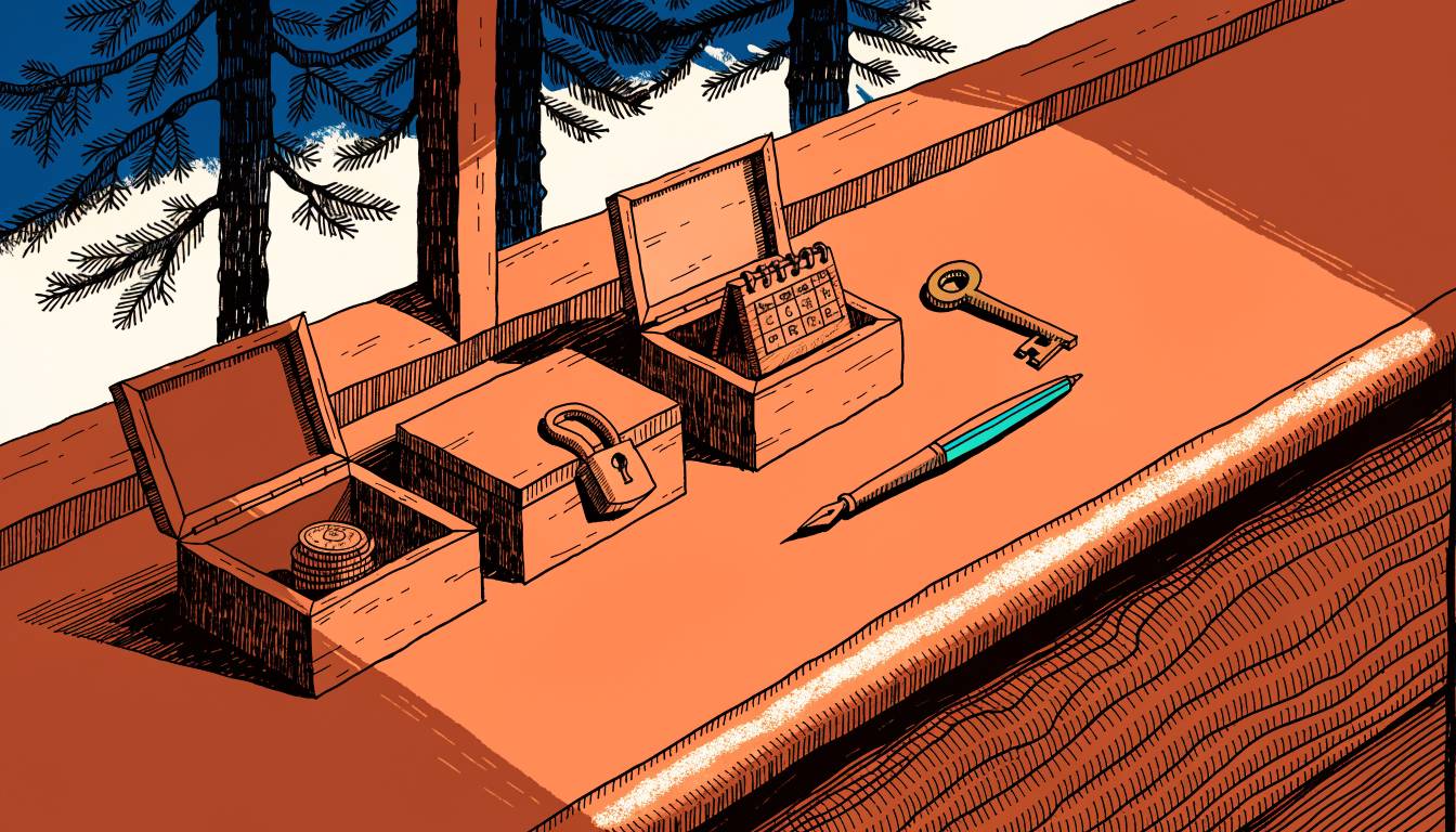 Illustration : trois petits coffrets de bois alignés sur un comptoir, le premier ouvert avec des pièces de cuivre, le deuxième fermé par un cadenas, le troisième ouvert avec un petit calendrier, une clé et une plume à côté