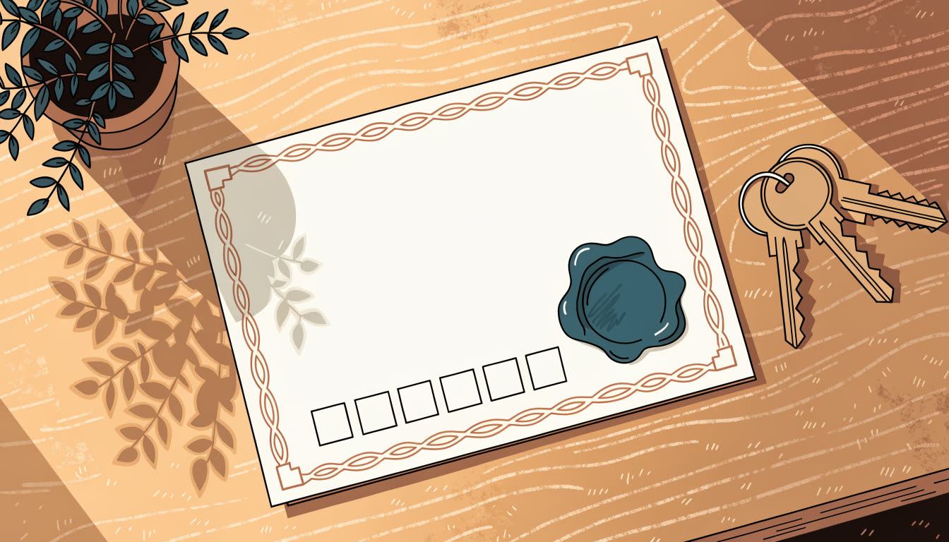 Illustration : un certificat d'enregistrement posé sur un bureau de bois, avec un sceau et six cases vides pour le numéro