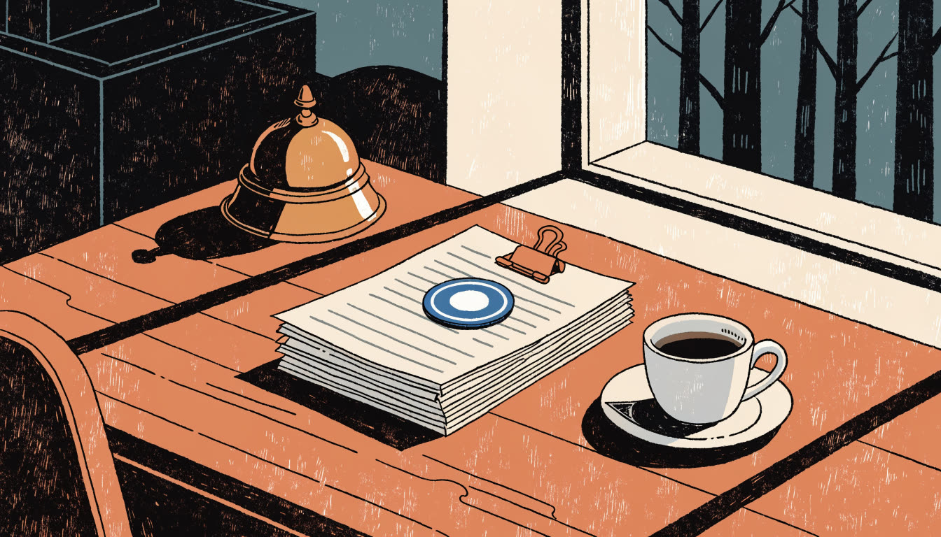 Illustration : un comptoir de réception en bois avec une clochette, une pile de factures mensuelles tenues par un trombone de cuivre et un écusson bleu épinglé sur la première