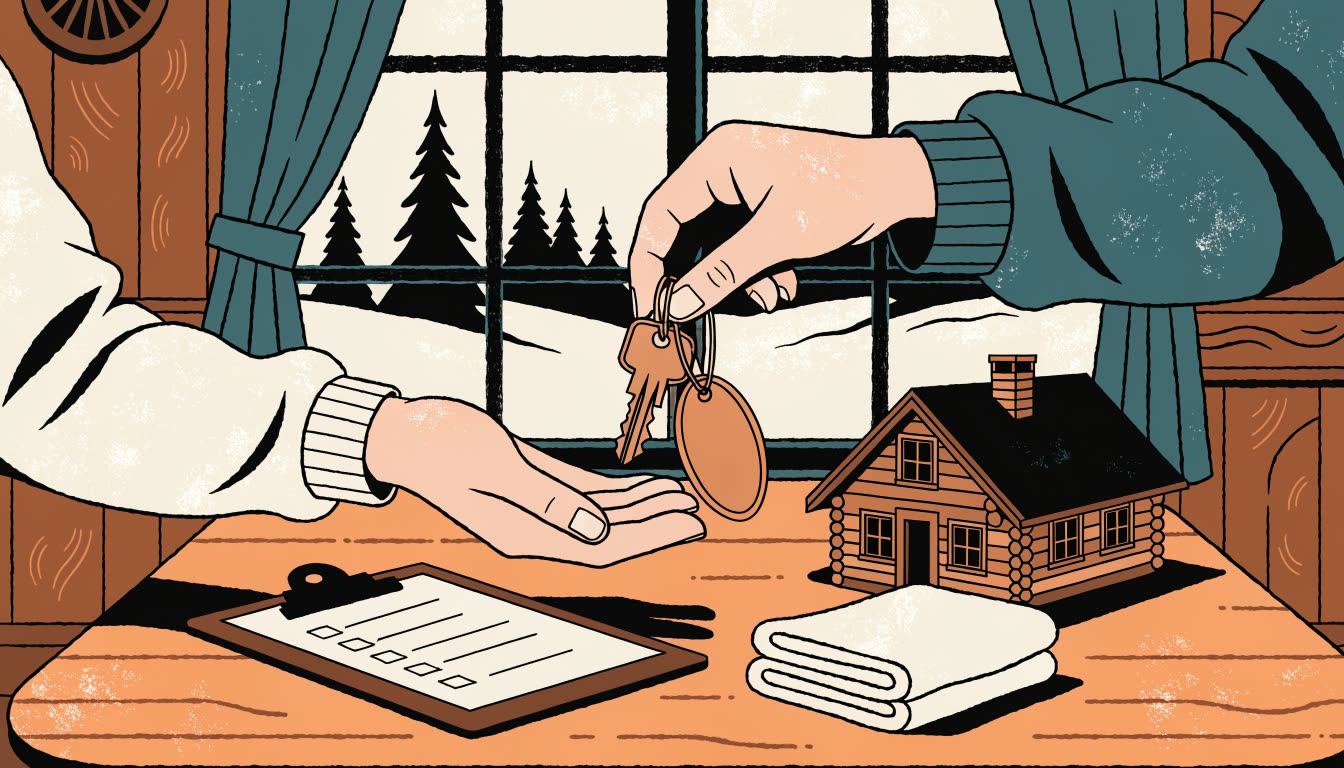 Illustration : sur une table de bois dans un chalet, une main remet un trousseau de clés à une autre, à côté d'une liste de vérification, d'une pile de serviettes et d'un petit modèle de chalet en bois rond