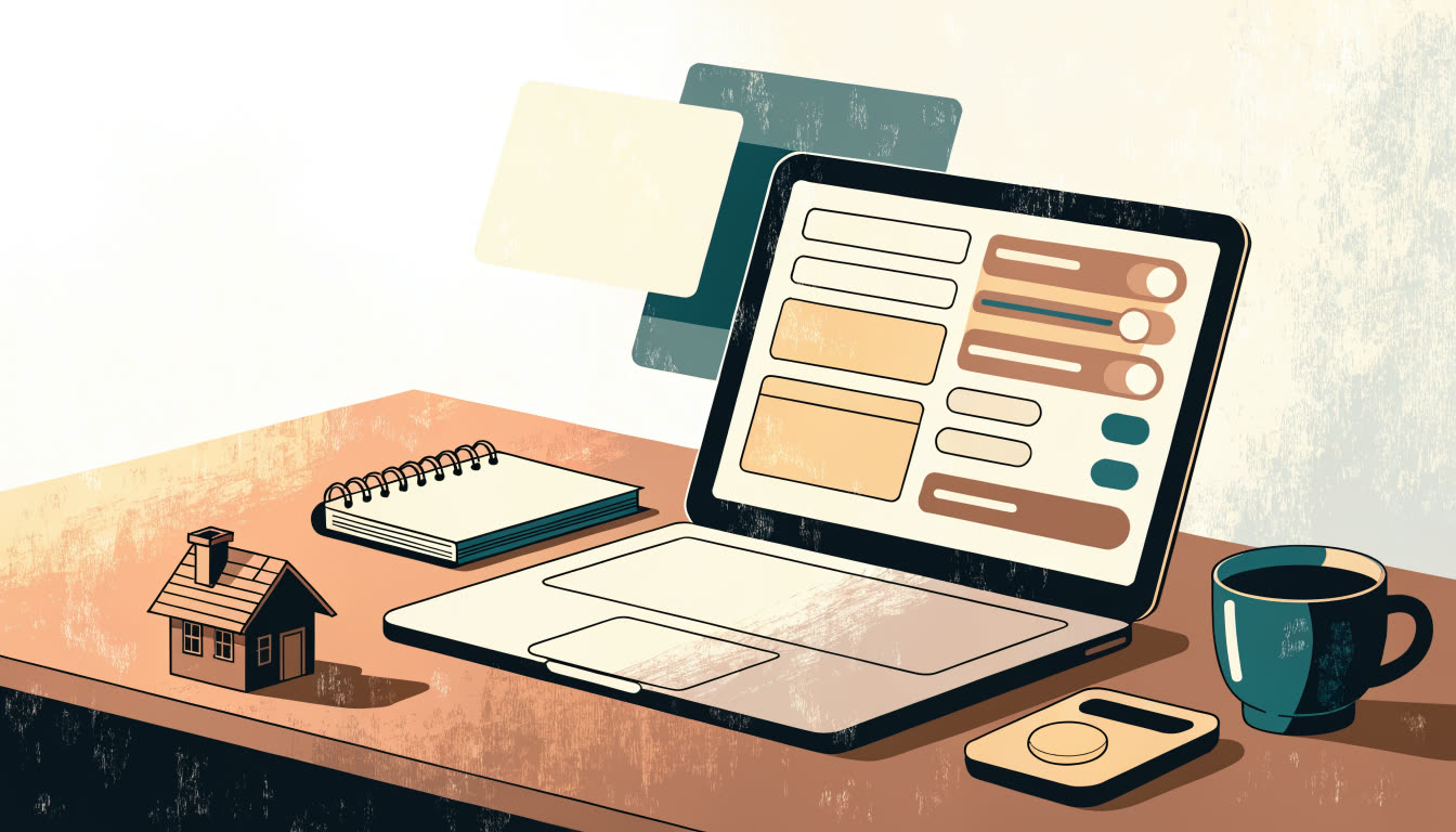 Illustration : un ordinateur portable ouvert sur un panneau de réglages abstrait, avec un carnet à spirale, une tasse de café et un petit chalet de bois posés sur une table