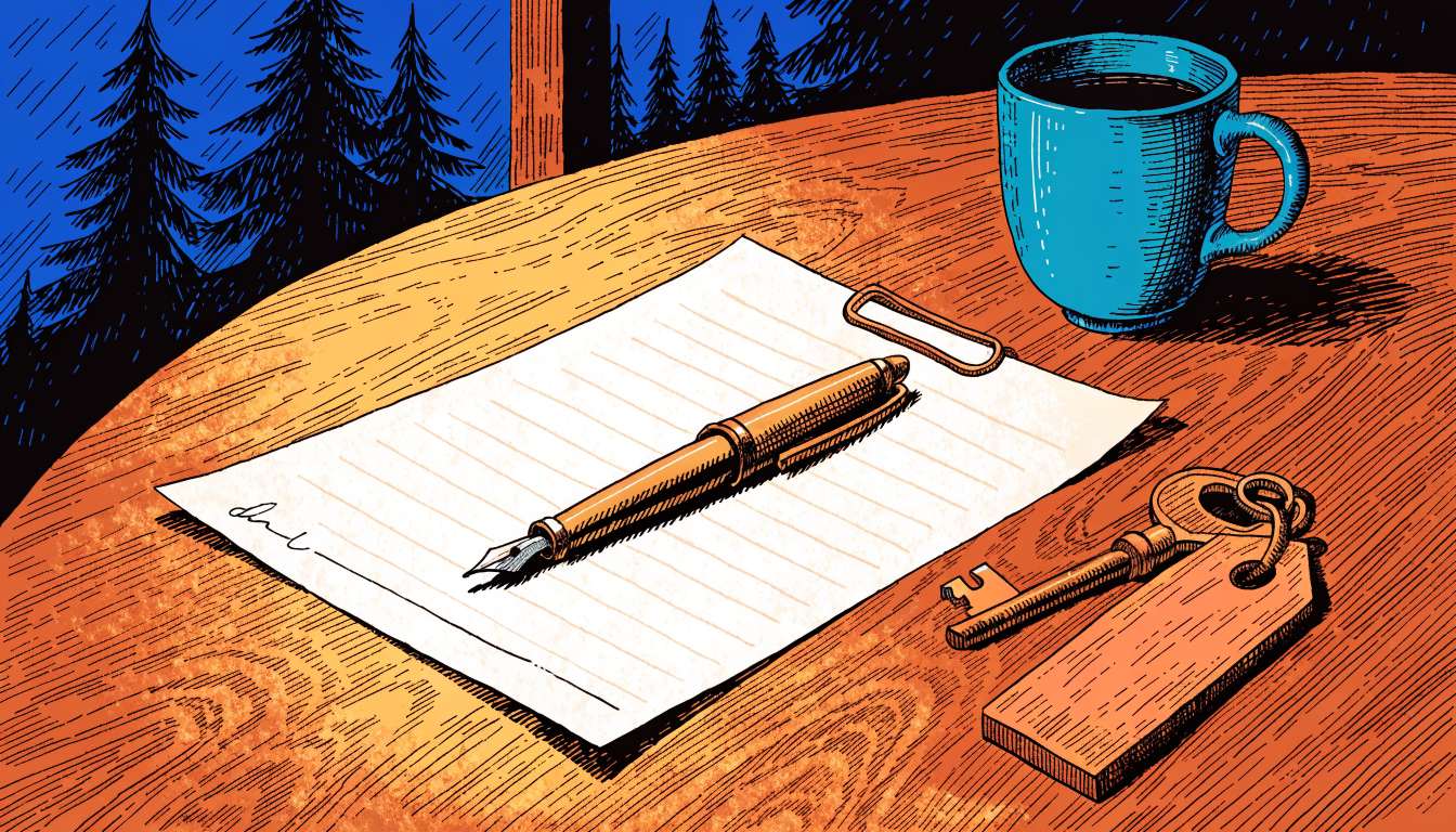 Illustration : une feuille de papier avec une ligne de signature sur une table de bois, une plume posée dessus, une clé de chalet sur une étiquette de bois et une tasse teal, fenêtre au crépuscule