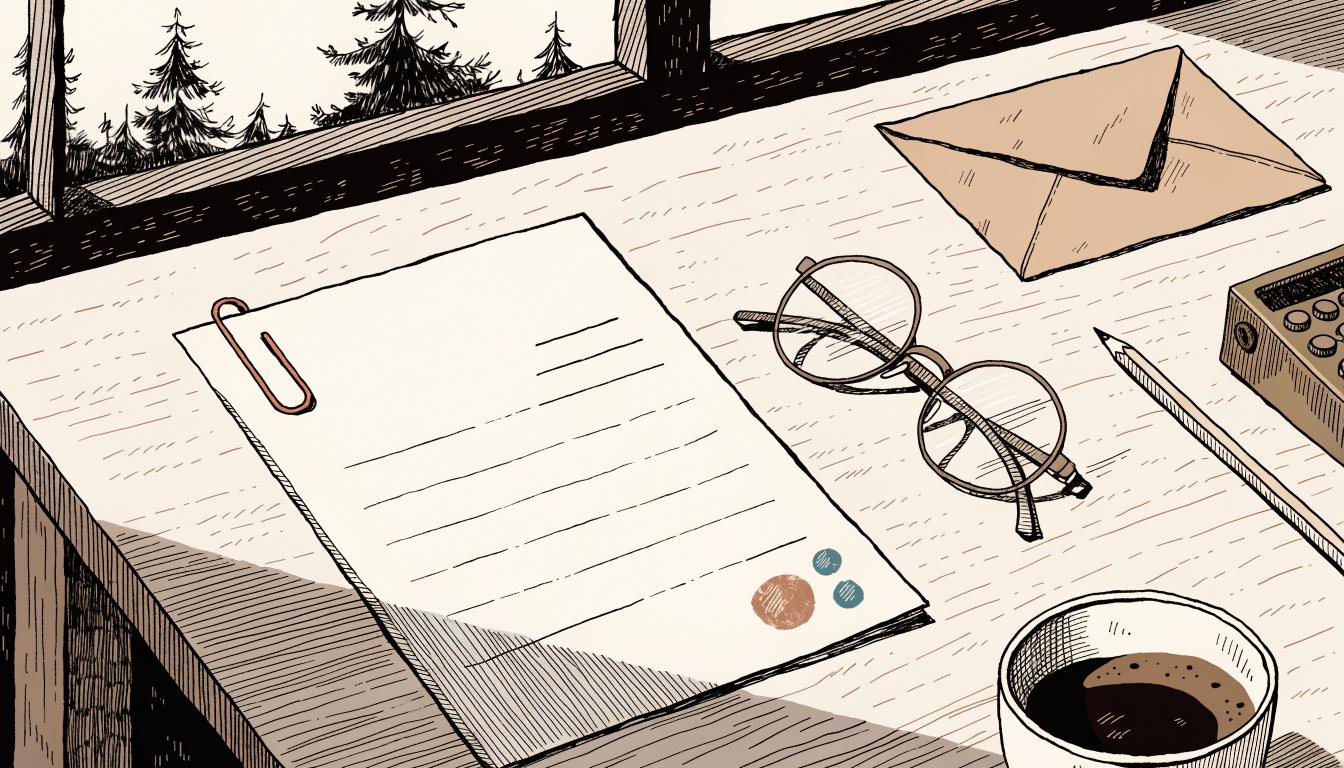 Illustration : une facture posée sur un bureau de bois près d'une fenêtre, avec un trombone de cuivre, des lunettes, un crayon, une calculatrice, une enveloppe kraft et une tasse de café