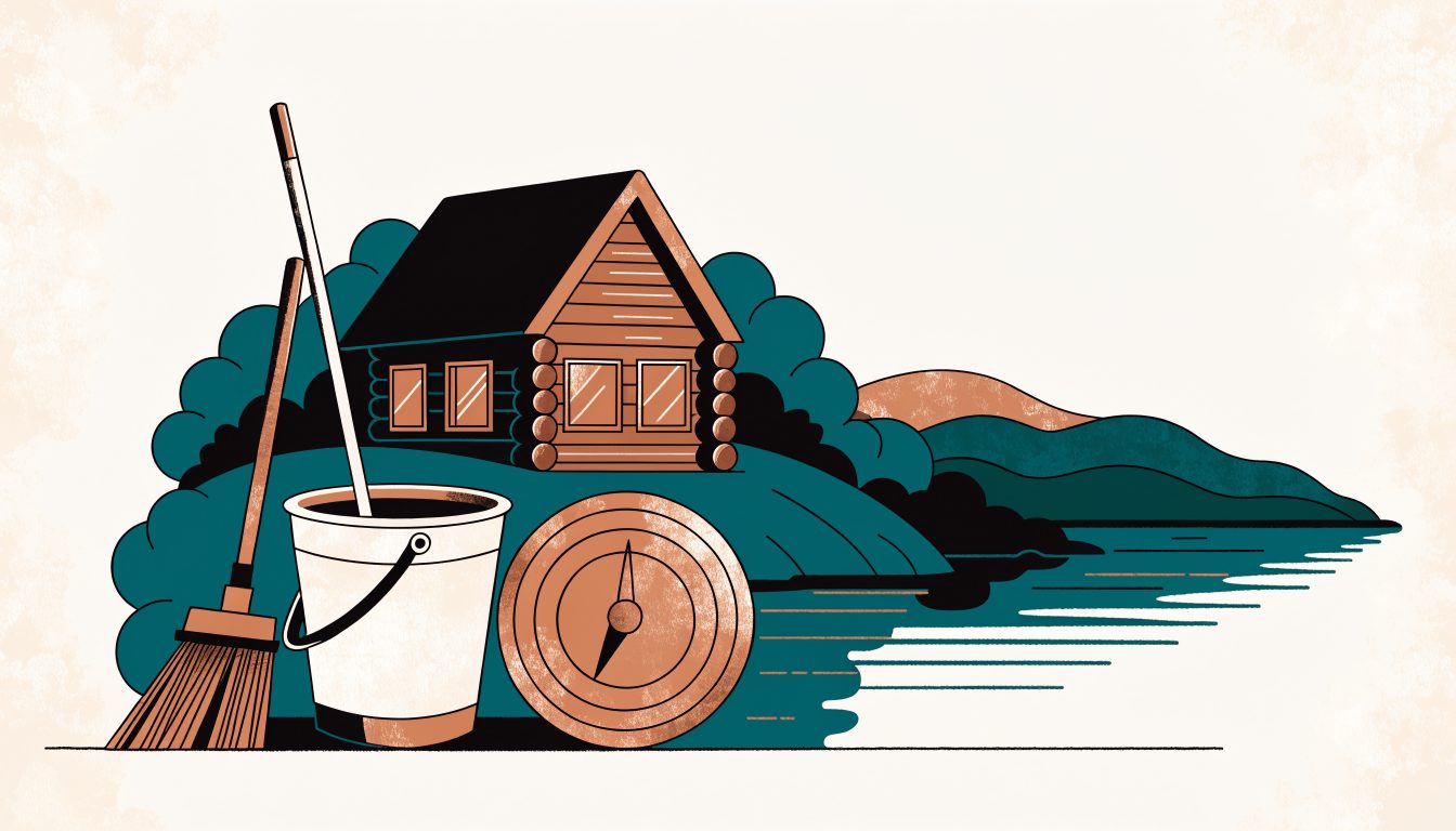 Illustration : un chalet en bois rond au bord d'un lac, avec devant un seau, une vadrouille, un balai et un grand cadran de cuivre, comme un bouton de réglage