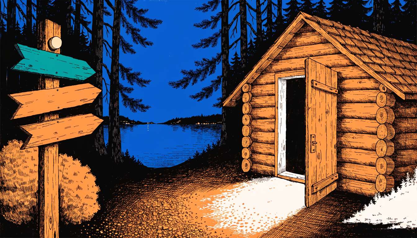 Illustration : un chalet de bois rond au bord d'un lac au crépuscule, porte ouverte et lumière chaude, avec devant un poteau de bois portant trois flèches qui pointent vers le chalet, la première peinte en teal
