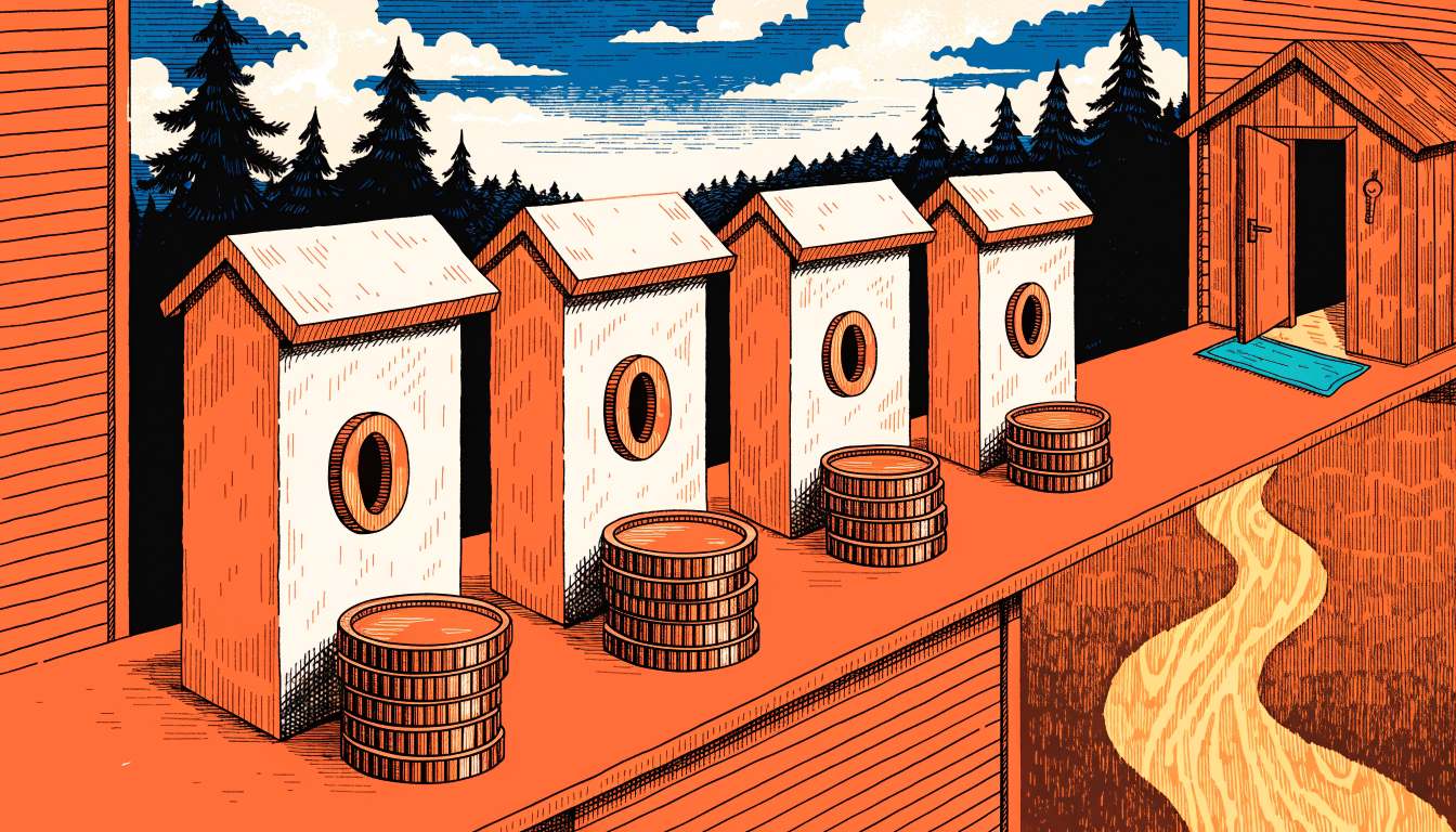 Illustration : quatre petits guichets de bois alignés sur une table, chacun avec une pile de pièces de cuivre de plus en plus petite, et au bout, la porte ouverte d'un chalet avec une clé accrochée au mur
