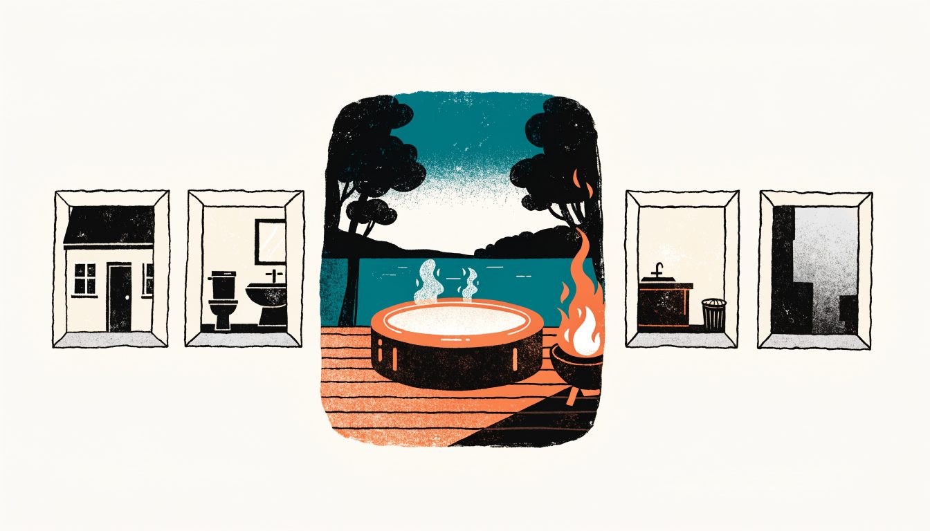 Illustration : cinq photos d'annonce côte à côte, une façade, une salle de bain, une cuisine avec sa poubelle, et au centre la seule qui attire l'œil, un spa fumant et un feu au bord d'un lac