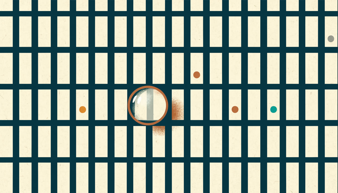 Illustration : une grille de fiches, une loupe au-dessus de l'une d'elles, et quatre pastilles de couleur pour les quatre statuts