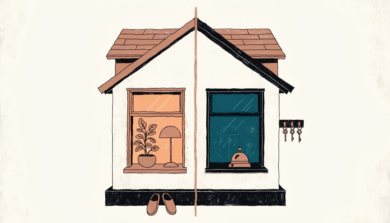 Illustration : une maison séparée en deux moitiés, une domestique et une commerciale