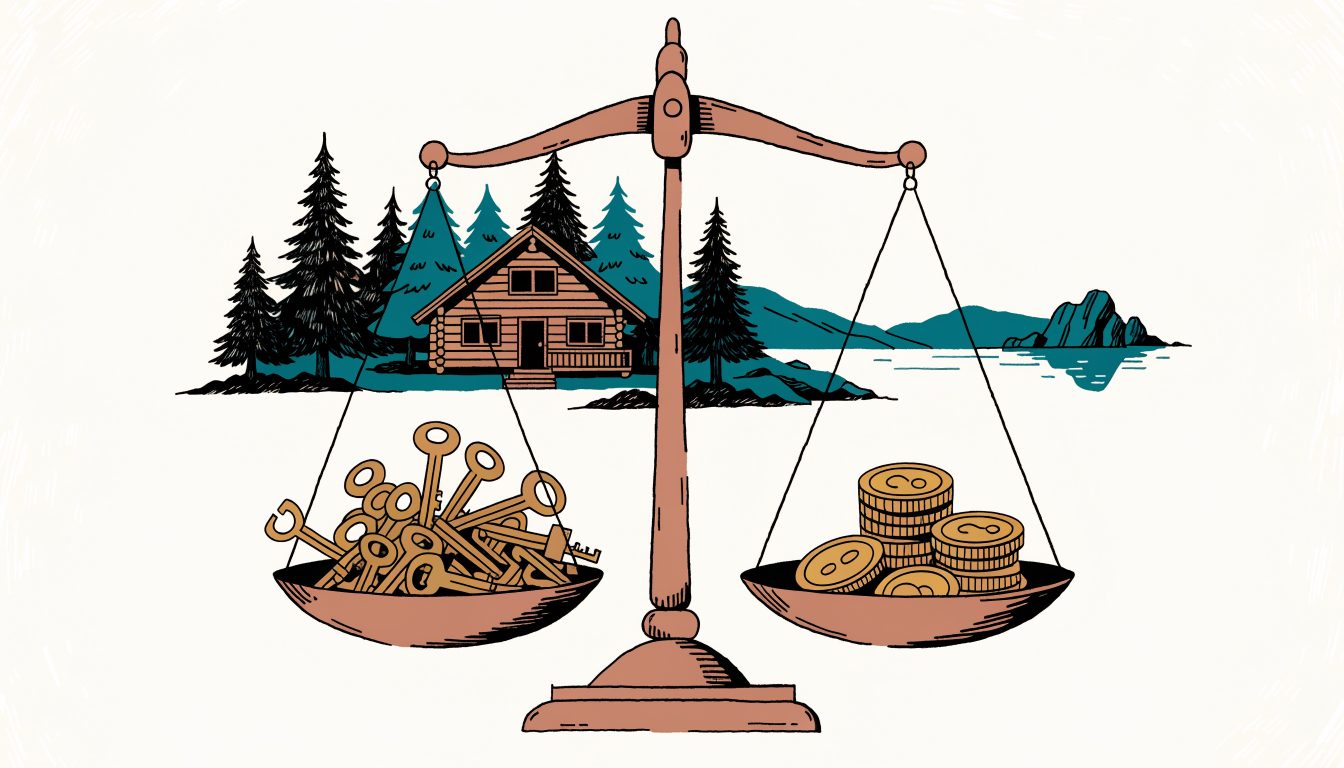 Illustration : un chalet de bois au bord d'un lac, avec devant une balance de cuivre qui pèse d'un côté des petites clés nombreuses et de l'autre quelques grosses pièces