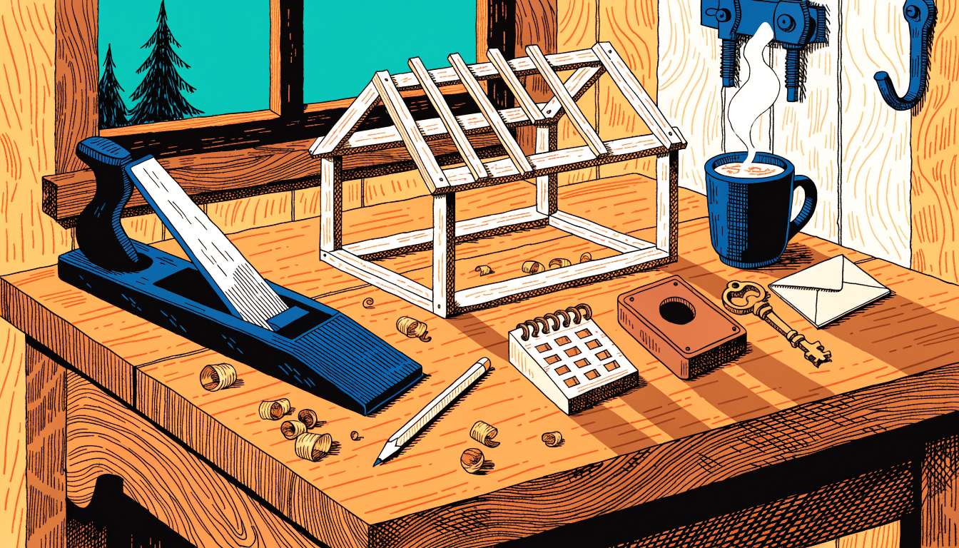 Illustration : un établi de menuisier avec la charpente d'une petite maison de bois en construction, et devant elle quatre pièces qui attendent, un petit calendrier, une boîte à pièces de cuivre, une clé et une enveloppe