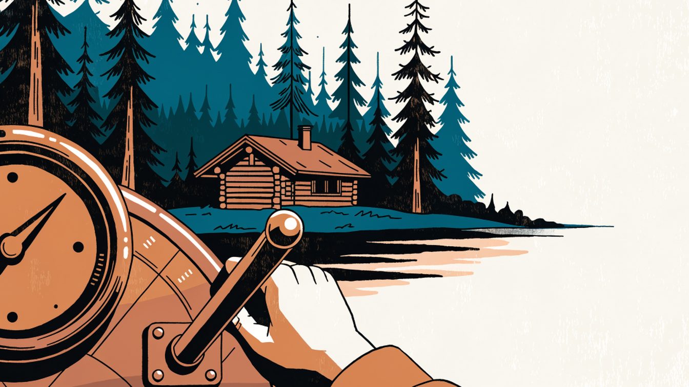 Illustration : un chalet de bois au bord d'un lac, avec devant un tableau de bord à aiguille dont une main tient fermement le levier
