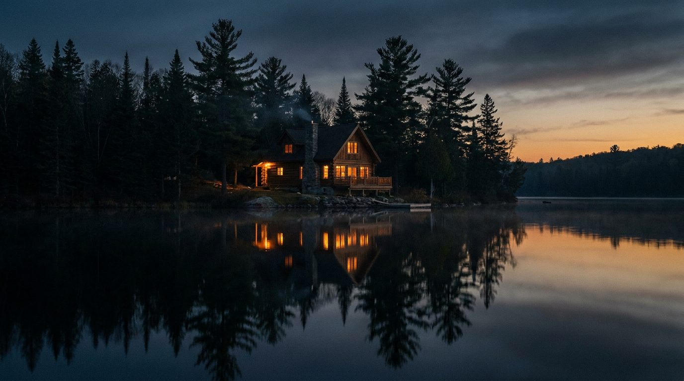 Un hébergement au bord d'un lac au Québec, à la brunante